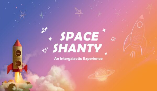 White text on a pink, blue and orange pastel background says Space Shanty an intergalactic experience. A cardboard space rocket blasts off on the left side and drawings of a rocket and a planet are on the right.